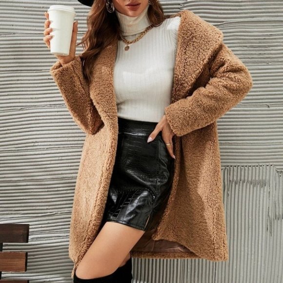 Private Label Jackets & Blazers - KHAKI OPEN FRONT TEDDY COAT FALL WINTER CONTEMPORARY CHIC STREETWEAR